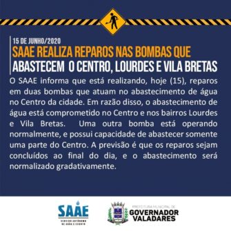 saae comunica falta de água no centro, lourdes e vila bretas