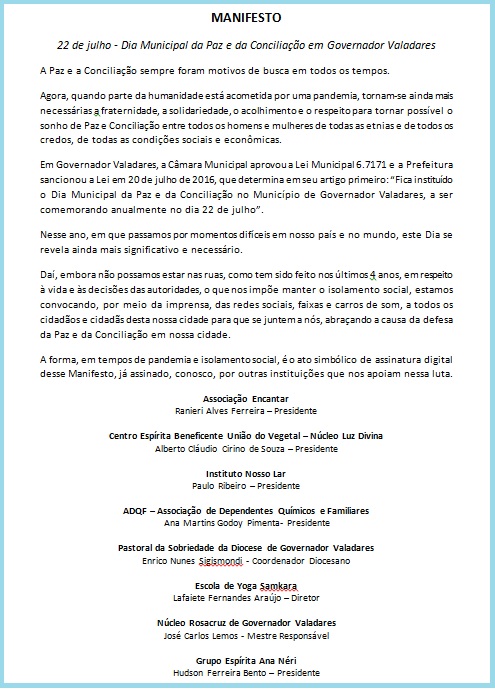 manifesto dia da paz e conciliação 22 de julho 