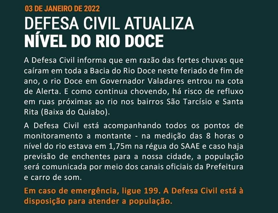 rio doce atinge cota de alerta em valadares